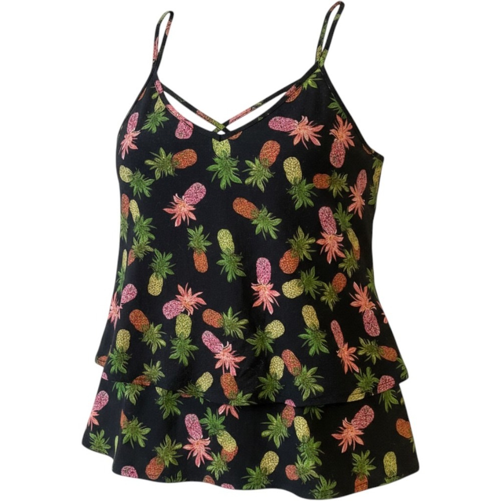 L'Amour Nanette Lepore Pineapple Print Tiered Cami Top Black Medium Flowy Beach